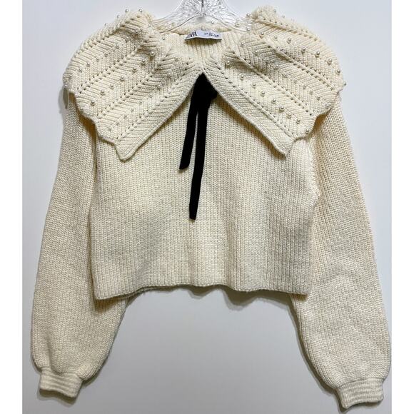 ZARA Ruffled Cable Knit Sweater Ecru with Pearls and Bow Size Small 4331/003 - Picture 5 of 16